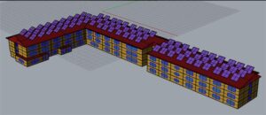 3D model of an L-shaped multi-story building with solar panels installed on the roof.