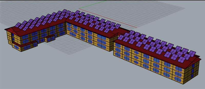 3D model of an L-shaped multi-story building with solar panels installed on the roof.
